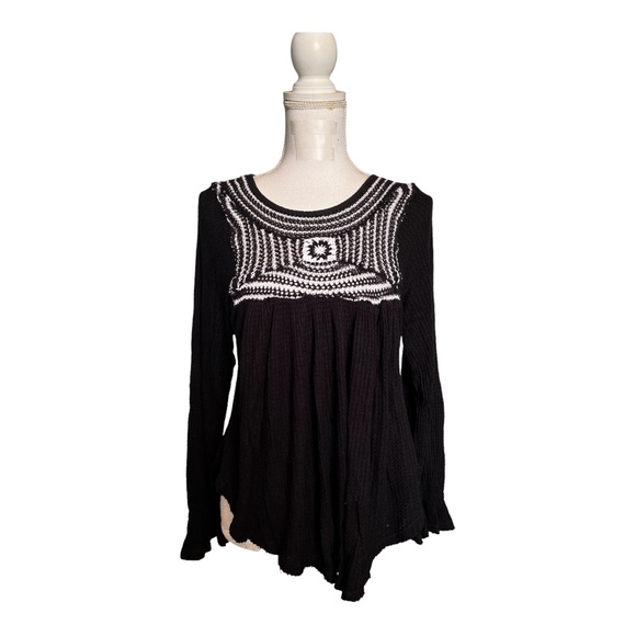 Free People Soulmate Crochet Tunic Top Black Waffle Knit Long Sleeves Size S - Picture 2 of 9